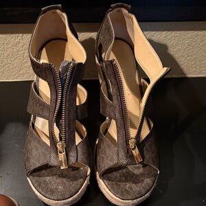 Michael Kors signature logo Brown Wedge Sandals with Zipper